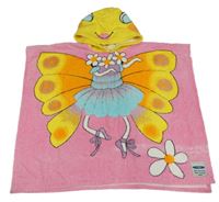 Ružové froté osuškové pončo s motýlom a kapucňou