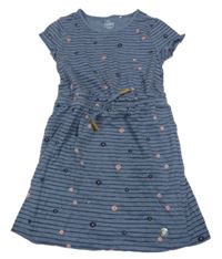 Modro-sivé pruhované šaty s kvetinami a šňůrkami v pase Topolino