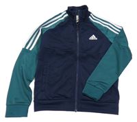 Tmavomodro-smaragdová sportovní propínací mikina s pruhy a logem Adidas
