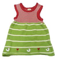 Červeno-zeleno-biele pruhované pletené šaty s vtáčky