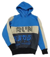 Modro-béžovo-tmavosivá mikina s nápisom a kapucňou