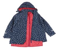 3v1 - Tmavomodrá puntíkatá šusťáková jarní bunda s odepínací kapucí + malinová prošívaná šusťáková zateplená vesta TCM