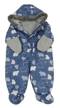Modrá šusťáková zimní kombinéza s medvídky a kapucí Nutmeg