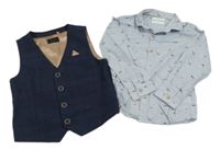 2set - Svetlomodrá prúžkovaná blúzka s auty + tmavomodrá kockovaná vesta zn. Next