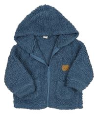 Modrý huňatý kabátek s medvedíkom a kapucňou Shein