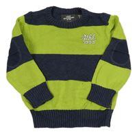 Tmavomodro-limetkový pruhovaný sveter s nápisom H&M