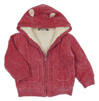 Růžový žinylkový propínací zateplený svetr s kapucí George 