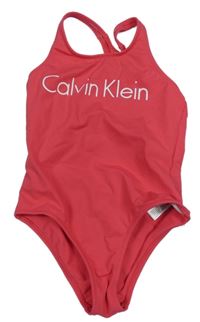 Ružové jednodielne plavky s logom a volnými zády Calvin Klein