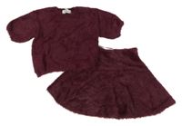 2set - Vínový chlupatý svetr + sukně H&M