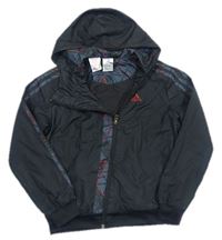 Čierno-sivá šušťáková jarná športová bunda s kapucňou Adidas