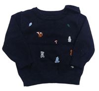 Tmavomodrý sveter so zvieratkami a lístečky little Nutmeg