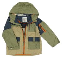 Béžovo-khaki-tmavomodrá šusťáková jarní bunda s kapucí Next