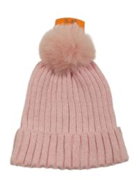 Nové - světlerůžová žebrovaná pletená čepice se třpytkami a bambulí PRIMARK