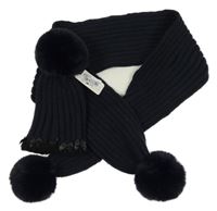 Nové - 2Set - Tmavomodrá žebrovaná pletená čepice s mašličkami a bambulí + šála envivia