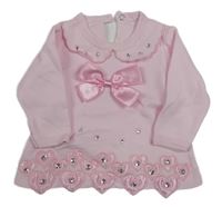 Svetloružové tričko so srdiečkami a kamienkami a mašlou a golierikom