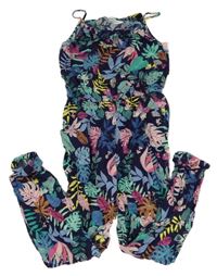 Tmavomodrý nohavicový overal s lístečky a motýlikmi H&M