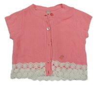 Ružová rebrovaná prepínaci svetrová vesta s bielymi čipkovymi kvety Tu