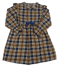 Hnedo-tmavomodro-pudrové kockované šaty s mašlou a volánikmi SHEIN