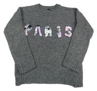 Tmavosivý melírovaný sveter s nápisem z flitrů/korálků PRIMARK
