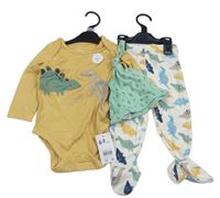 3set- Hořčicové body s dinosaury + Bílé polodupky + Zelená puntíkovaná čepice  Mothercare 