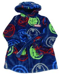 Tmavomodrý chlupatý župan s logy Avengers a kapucí Matalan
