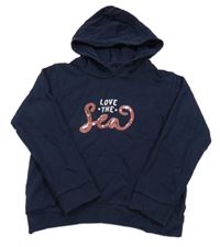 Tmavomodrá mikina s nápisem s flitry a kapucí Blue Seven