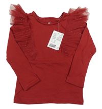 Nové - Tmavočervené triko s tylovými třpytivými volánky H&M