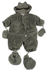 Tmavošedá chlupatá zateplená kombinéza s kapucí + capáčky + rukavice LaRedoute