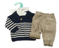 Nové - 2set - Hnědé manšestrové podšité kalhoty + tmavomodro-béžový svetr s pruhy Primark