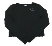 Černé žebrované triko se srdíčky z kamínků Y.F.K.