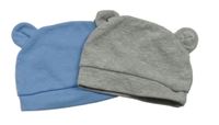 2x čapica s oušky - šedá melírovaná + modrá