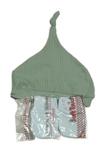 3 set - zelená žebrovaná čepice + 2x světlemodré bavlněné rukavice 