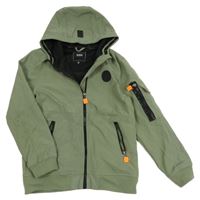 Khaki šusťáková jarní bunda s nášivkou a kapucí 