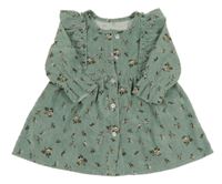 Zelené rebrované zamatové prepínaci šaty s kvetinami a volánikmi