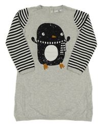 Sivé svetrové šaty s pruhovanymi rukávy a tučňákem z flitrů M&S