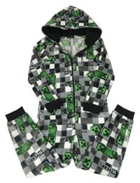 Šedo-černá kostkovaná plyšová kombinéza s Minceraft a kapucí 