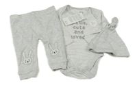 Nové - 3 set - sivé tepláky s králíky + sivé pruhované body s nápisem + sivá čapica F&F