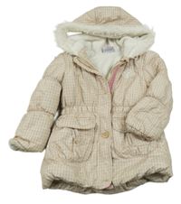 Béžovo-bílá kostkovaná šusťáková zimní parka s výšivkou a kapucí s kožešinou Topomini