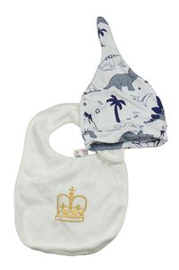 2set - Bílo-modrá čepice s diny + bryndák s korunkou 