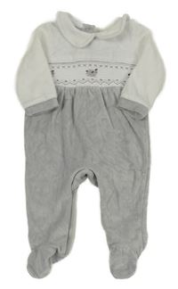 Bílo-šedý sametový overal s výšivkami a límečkem 