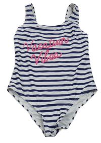 Tmavomodro-bílé pruhované jednodílné plavky s nápisem Primark