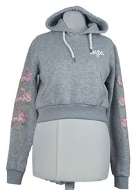 Dámská šedá crop mikina s květy a kapucí Hype vel. 32