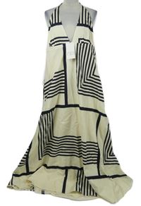 Nové - Dámské béžovo-tmavomodré pruhované plátěné dlouhé šaty Zara 