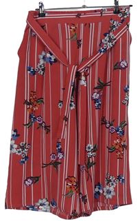 Dámske červené prúžkované culottes nohavice s kvetmi a opaskom Primark