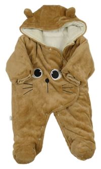 Hnedá chlpatá zateplená kombinéza s mačkou a kapucňou