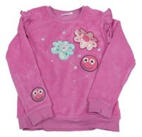 Ružová chlpatá mikina s kvetmi a smajlíkmi Kids