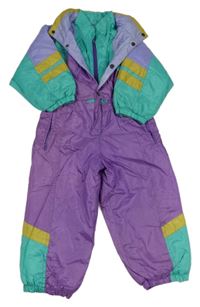 Fialovo-tyrkysová šušťáková zateplená kombinéza s ukrývací kapucňou