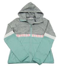 Šedo-žíhano-zelená sportovní propínací mikina s nápisem a kapucí H&M