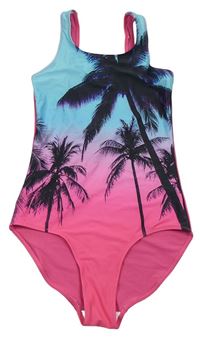 Ružovo-tyrkysové jednodielne plavky s palmami H&M