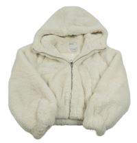 Smotanová kožušinová podšitá crop bunda s kapucňou Bershka